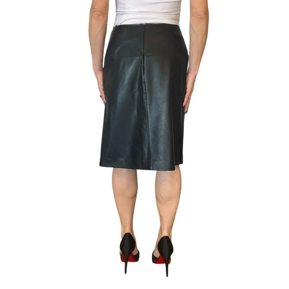 RENA LANGE BLACK LAMB NAPPA SKIN LEATHER A LINE PLEAT ZIPPER WOMEN'S SKIRT SZ 6